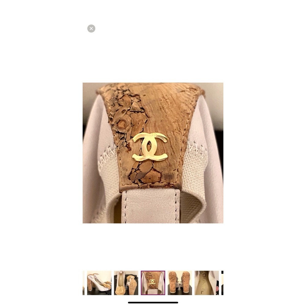 CHANEL Camellia Raffia Cork‎ Platform Heels 37 Beige Peep Toe Resort Boho - Picture 9 of 9